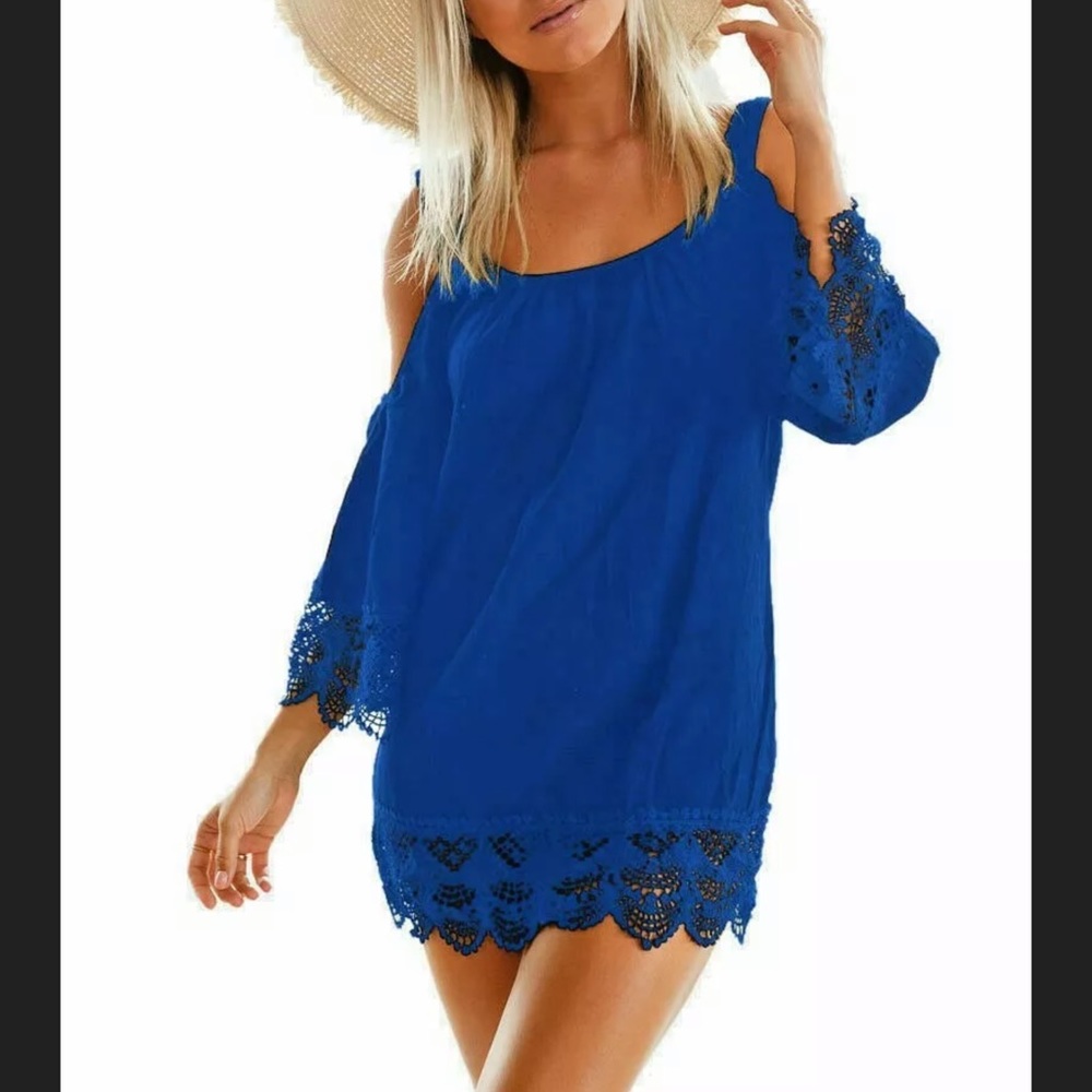 Blue Cover Up Dress Crochet Trim Open Shoulder